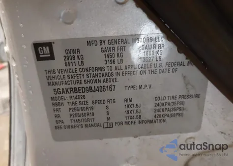 2011 Buick Enclave 1Xl из США, поврежденный, VIN 5GAKRBED9BJ406167